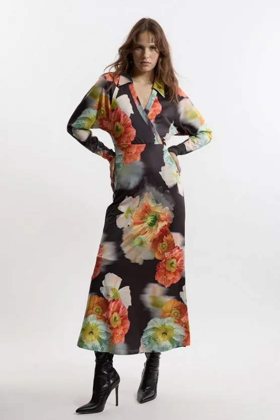 Karen Millen Jersey Border Print V Neck Midi Dress black Hot