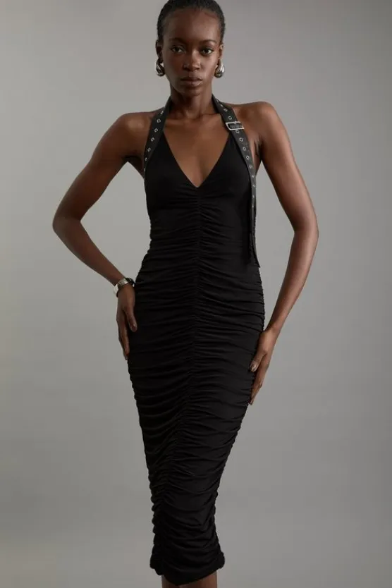 Karen Millen Jersey Crepe And Pu Mix Halter Maxi Dress black Clearance