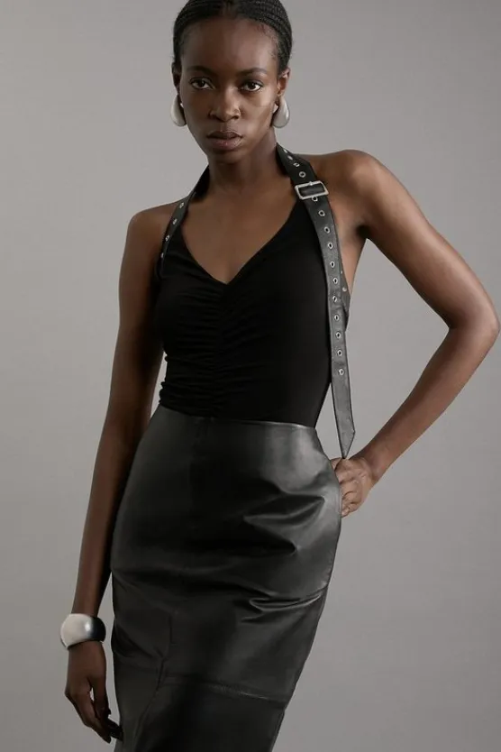 Karen Millen Jersey Crepe And Pu Mix Jersey Halter Bodysuit black Online