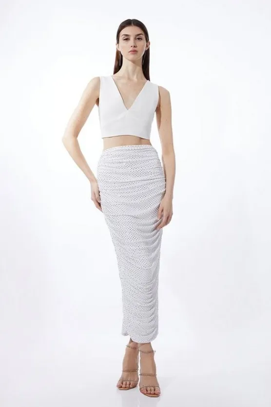Karen Millen Jersey Crepe Embellished Midi Skirt ivory Online