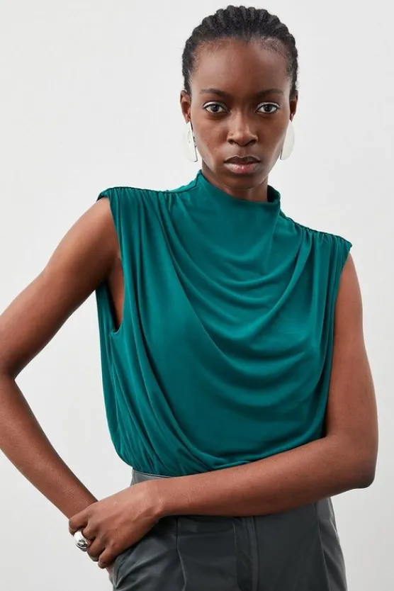 Karen Millen Jersey Crepe High Neck Ruched Bodysuit green Hot
