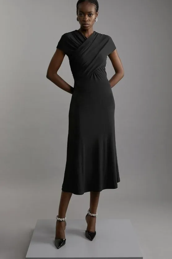 Karen Millen Jersey Crepe Ruched Sleeveless Maxi Dress black New