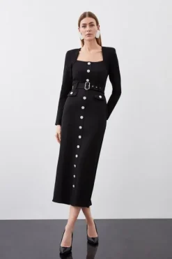 Karen Millen Jersey Ponte Diamante Back Hardwear Long Sleeve Midi Dress black Fashion