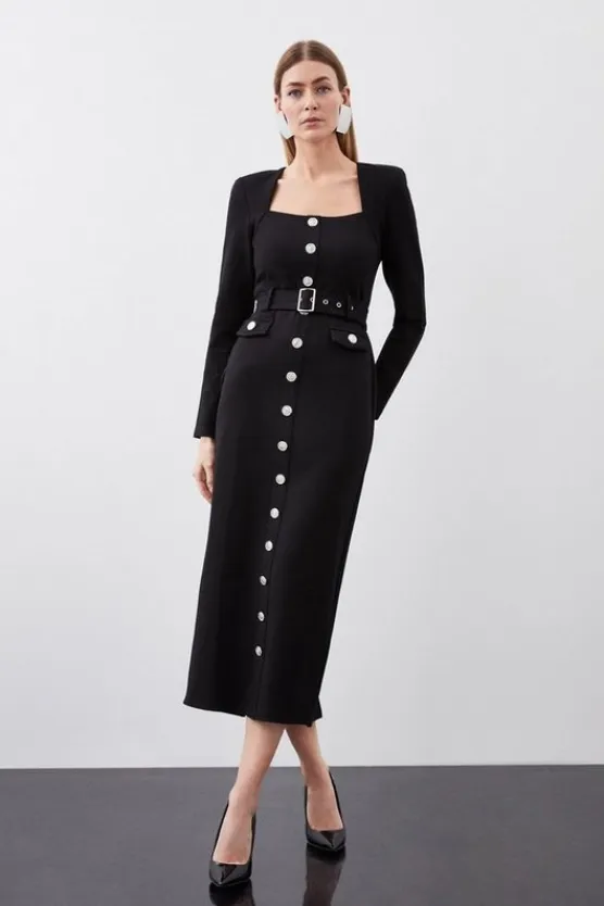 Karen Millen Jersey Ponte Diamante Back Hardwear Long Sleeve Midi Dress black Fashion