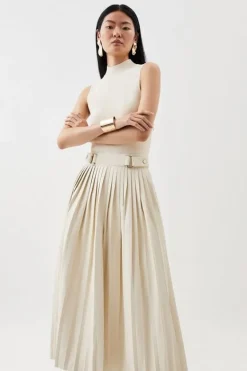 Karen Millen Knitted Midi Dress With Pu Detailing cream Clearance