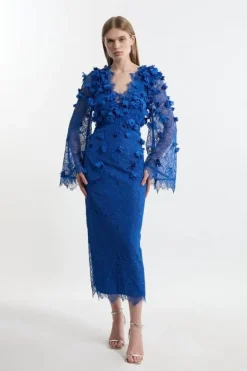 Karen Millen Lace Petal Applique Balloon Sleeve Woven Midi Dress cobalt Outlet