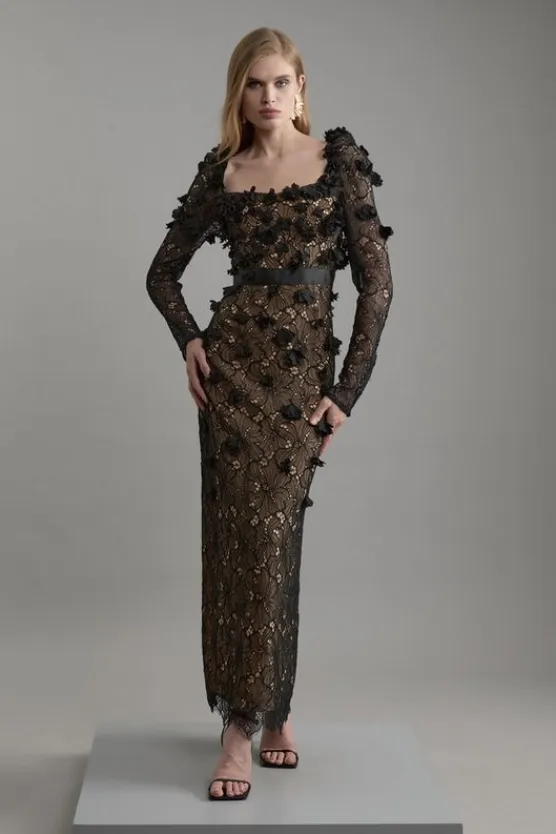 Karen Millen Lace Petal Applique Woven Midi Dress black_nude Hot