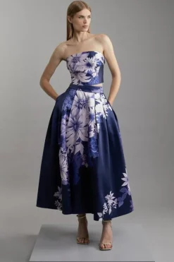 Karen Millen Large Scale Floral Print Woven Prom Midi Skirt navy Best