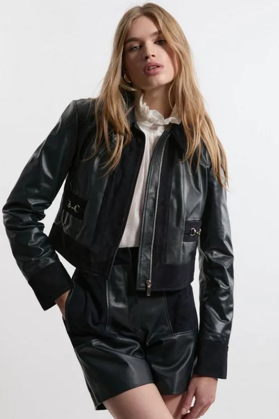 Karen Millen Leather & Suede Mix Snaffle Trim Tailored Jacket navy Hot