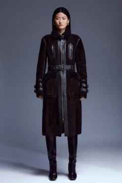 Karen Millen Leather And Shearling Mix Long Aviator Coat black New