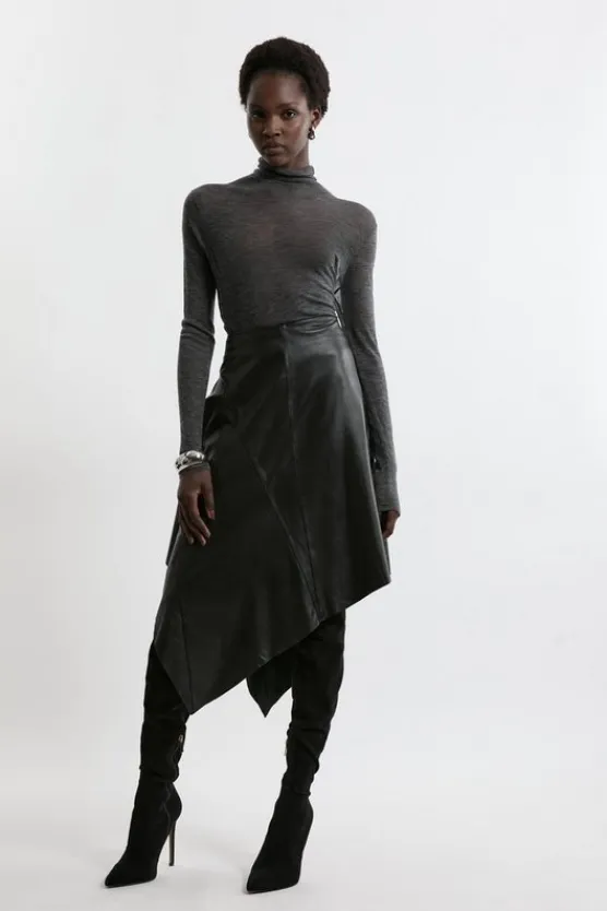 Karen Millen Leather Asymmetric Hem Drape Skirt black Sale