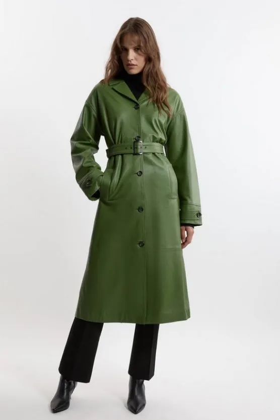 Karen Millen Leather Belted Clean Trench Coat olive New