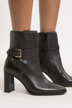 Karen Millen Leather Block Heel Buckle Ankle Boot black Outlet