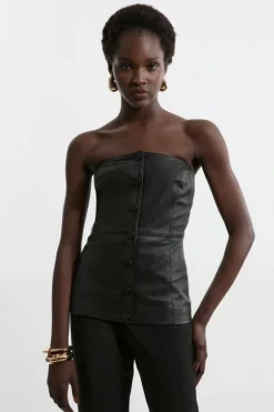 Karen Millen Leather Button Front Corest Top black Discount