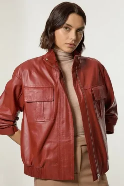 Karen Millen Leather Cargo Pocket Bomber Jacket tan Clearance
