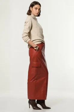 Karen Millen Leather Cargo Pocket Maxi Tailored Skirt tan Clearance