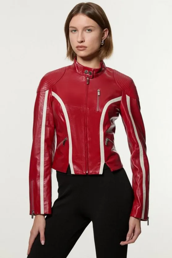 Karen Millen Leather Color Block High Collar Motto Moto Jacket red Best