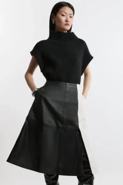 Karen Millen Leather Color Block Midi A-Line Skirt mono Outlet