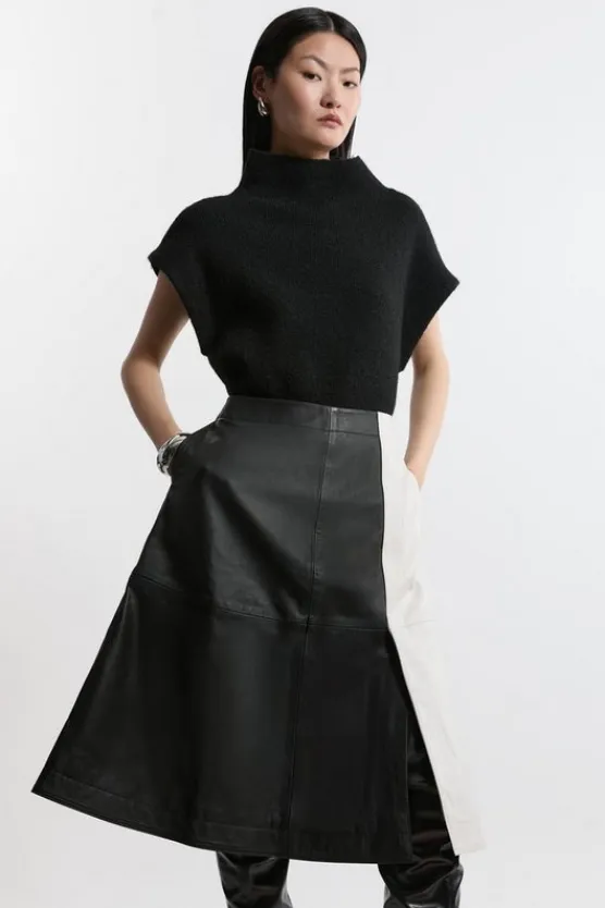 Karen Millen Leather Color Block Midi A-Line Skirt mono Outlet