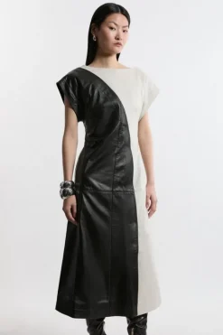 Karen Millen Leather Color Block Midi Dress mono Fashion