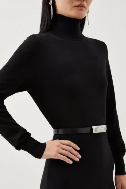 Karen Millen Leather Diamante Buckle Belt black Discount