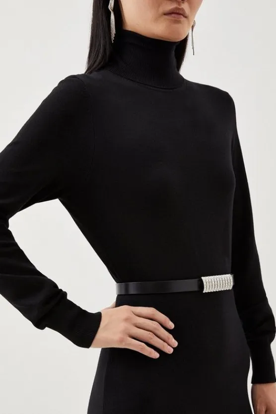 Karen Millen Leather Diamante Buckle Belt black Discount