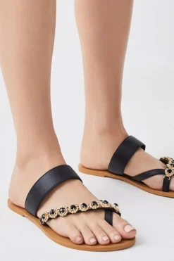 Karen Millen Leather Diamante Toe Loop Sandal black Fashion