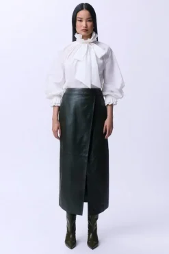 Karen Millen Leather Double Waistband A-Line Midi Skirt green Fashion