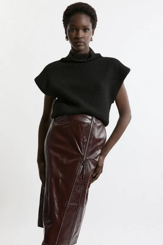 Karen Millen Leather Double Zip Pencil Midi Skirt red Discount