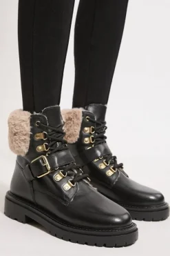 Karen Millen Leather Fur Lined Chunky Lace Up Worker Boot black Fashion