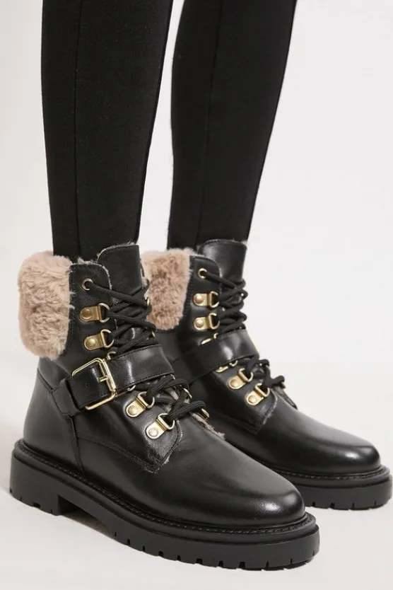 Karen Millen Leather Fur Lined Chunky Lace Up Worker Boot black Fashion