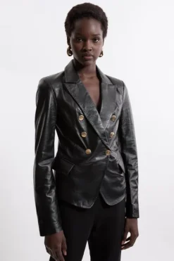 Karen Millen Leather Gold Button Blazer black New