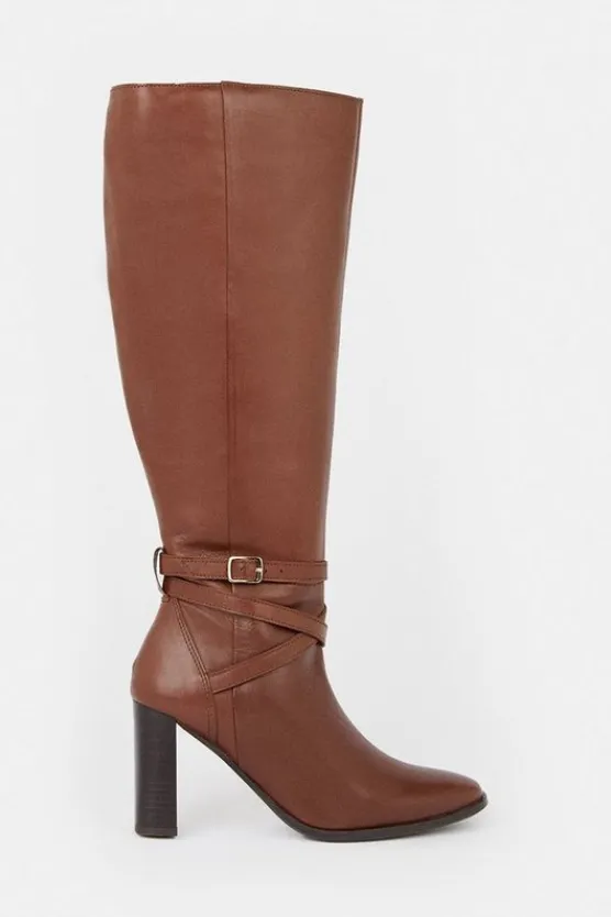 Karen Millen Leather Heeled Buckle Detail Knee High tan Fashion