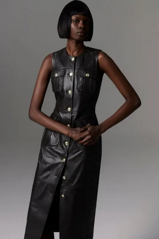 Karen Millen Leather Military Button Tailored Pencil Dress black Fashion