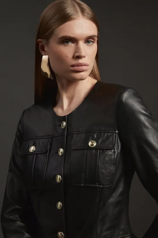 Karen Millen Leather Military Button Through Tailored Collarless Jacket black Clearance