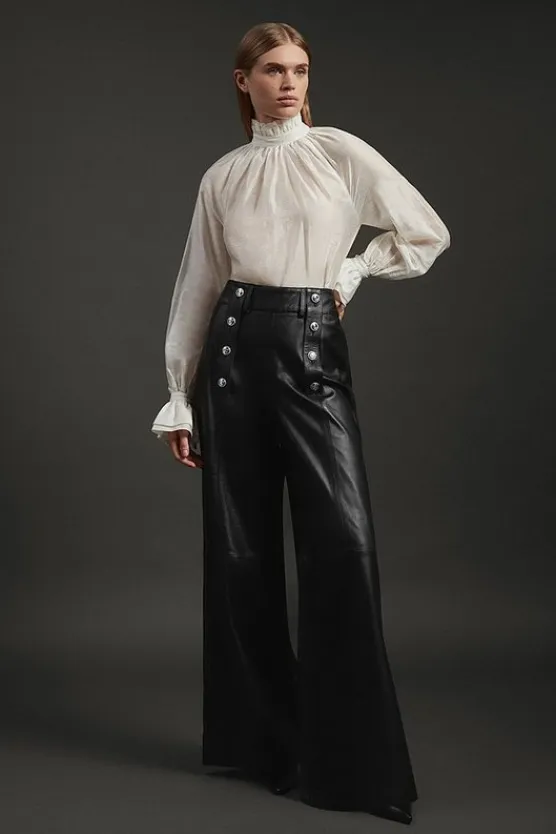 Karen Millen Leather Military Button Wide Leg Pants black Hot