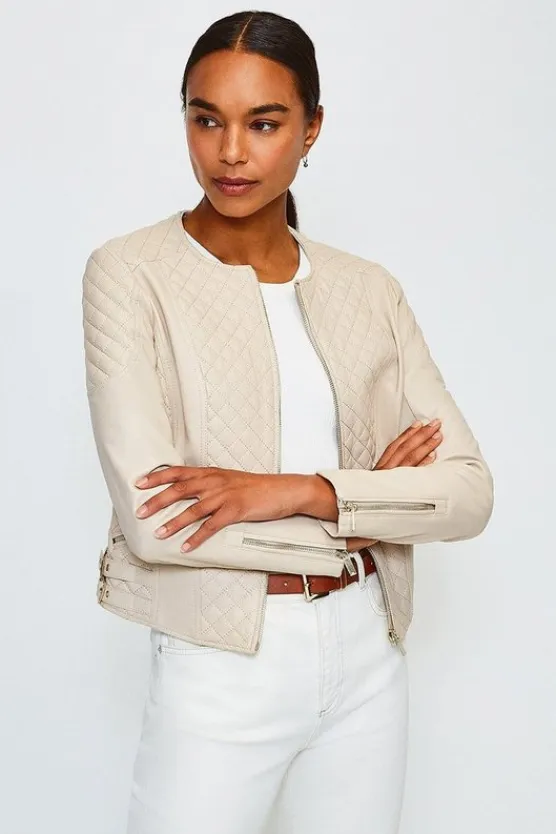 Karen Millen Leather Quilted Moto Jacket beige Fashion