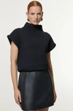 Karen Millen Leather Twist Detail A Line Mini Skirt navy Sale