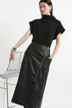 Karen Millen Leather Utility Pocket A Line Zip Through Midi Skirt black New