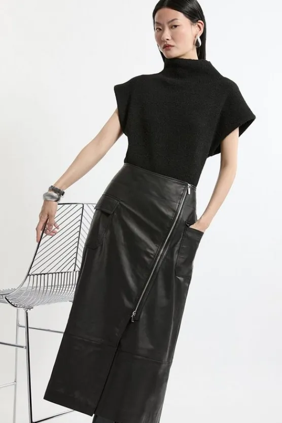 Karen Millen Leather Utility Pocket A Line Zip Through Midi Skirt black New