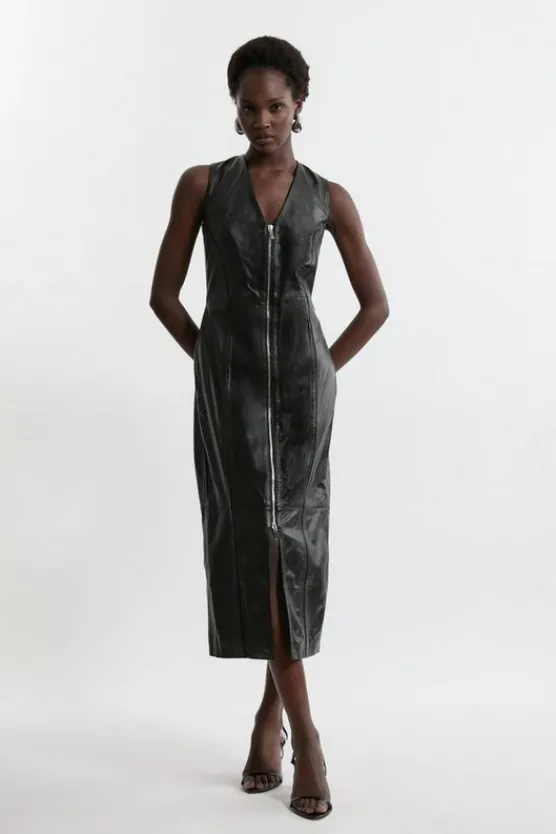 Karen Millen Leather Zip Through Sleeveless Seam Detail Pencil Dress black Clearance