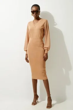 Karen Millen Light Weight Summer Knit Midi Pencil Dress camel Best