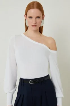 Karen Millen Lightweight Viscose Blend Summer Knit Off Shoulder Top white Sale