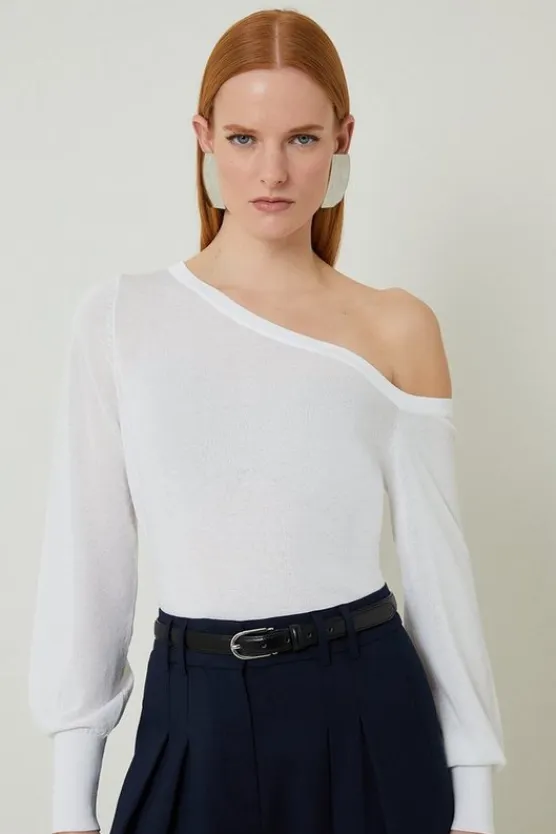 Karen Millen Lightweight Viscose Blend Summer Knit Off Shoulder Top white Sale