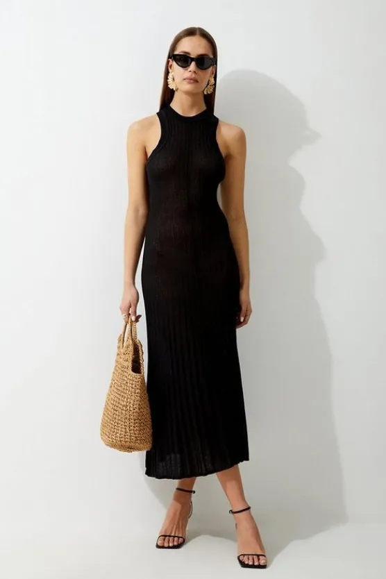 Karen Millen Linen Blend Racer Neck Full Skirt Knit Dress black Fashion