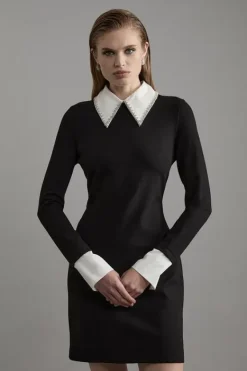 Karen Millen Long Sleeve Embellished Collar Mini Woven Dress mono Best