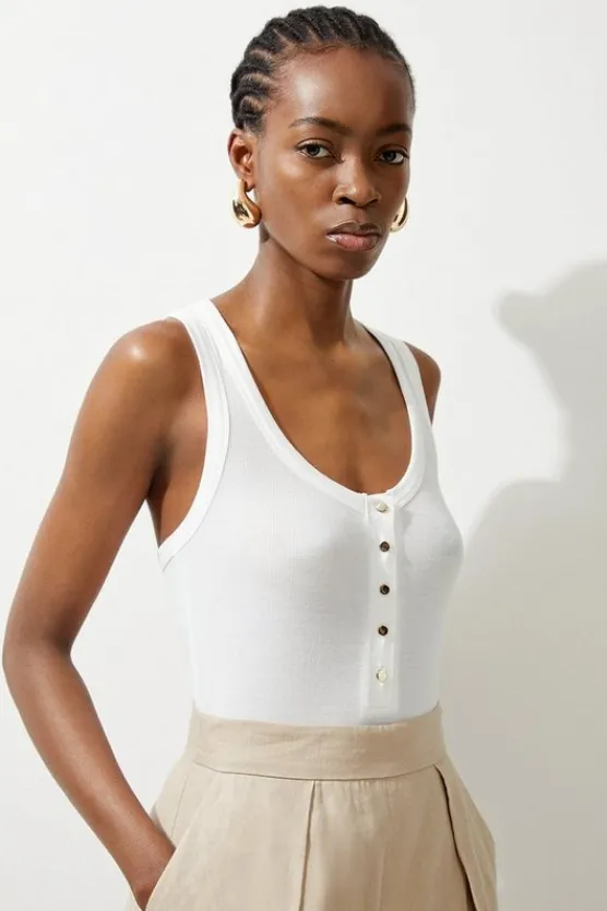 Karen Millen Luxe Viscose Rib Jersey Scoop Neck Bodysuit ivory Clearance