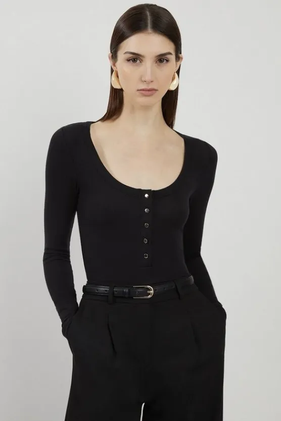 Karen Millen Lux Viscose Rib Jersey Long Sleeve Scoop Neck Top black Fashion