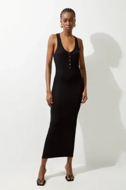Karen Millen Lux Viscose Rib Jersey Racer Back Midi Dress black Discount