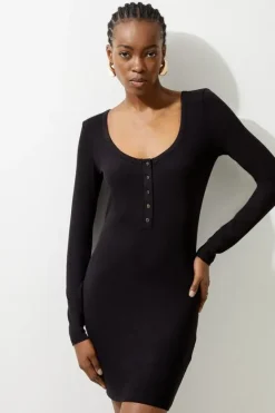 Karen Millen Lux Viscose Rib Jersey Scoop Neck Mini Dress black Discount
